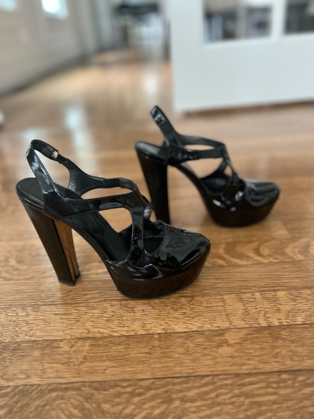 Versace Black Patent Leather Platform Strappy High Heels - Vinatage